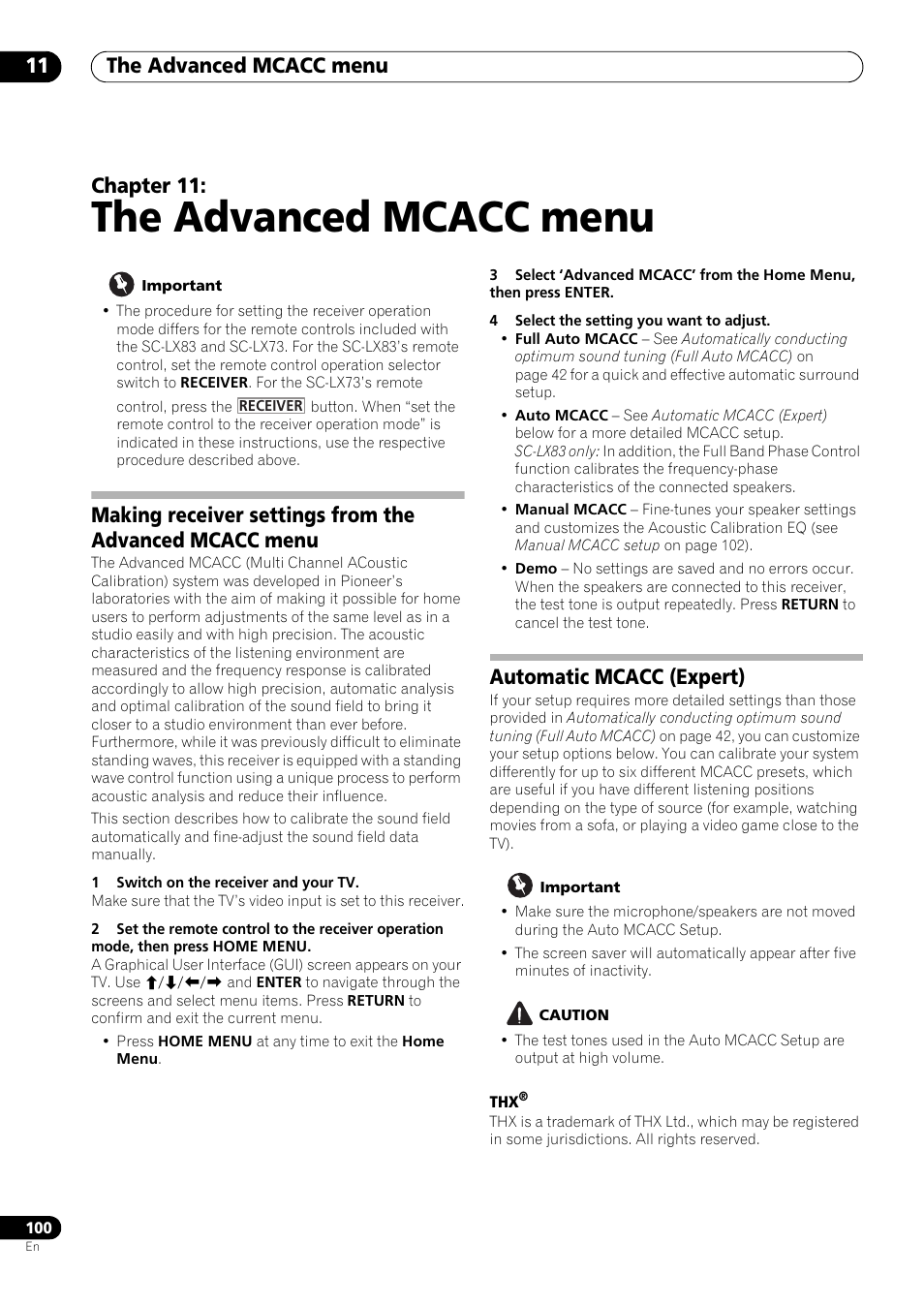 The advanced mcacc menu, Automatic mcacc (expert), 11 the advanced mcacc menu | The advanced mcacc menu 11, Chapter 11 | Pioneer SC-LX73 User Manual | Page 100 / 146