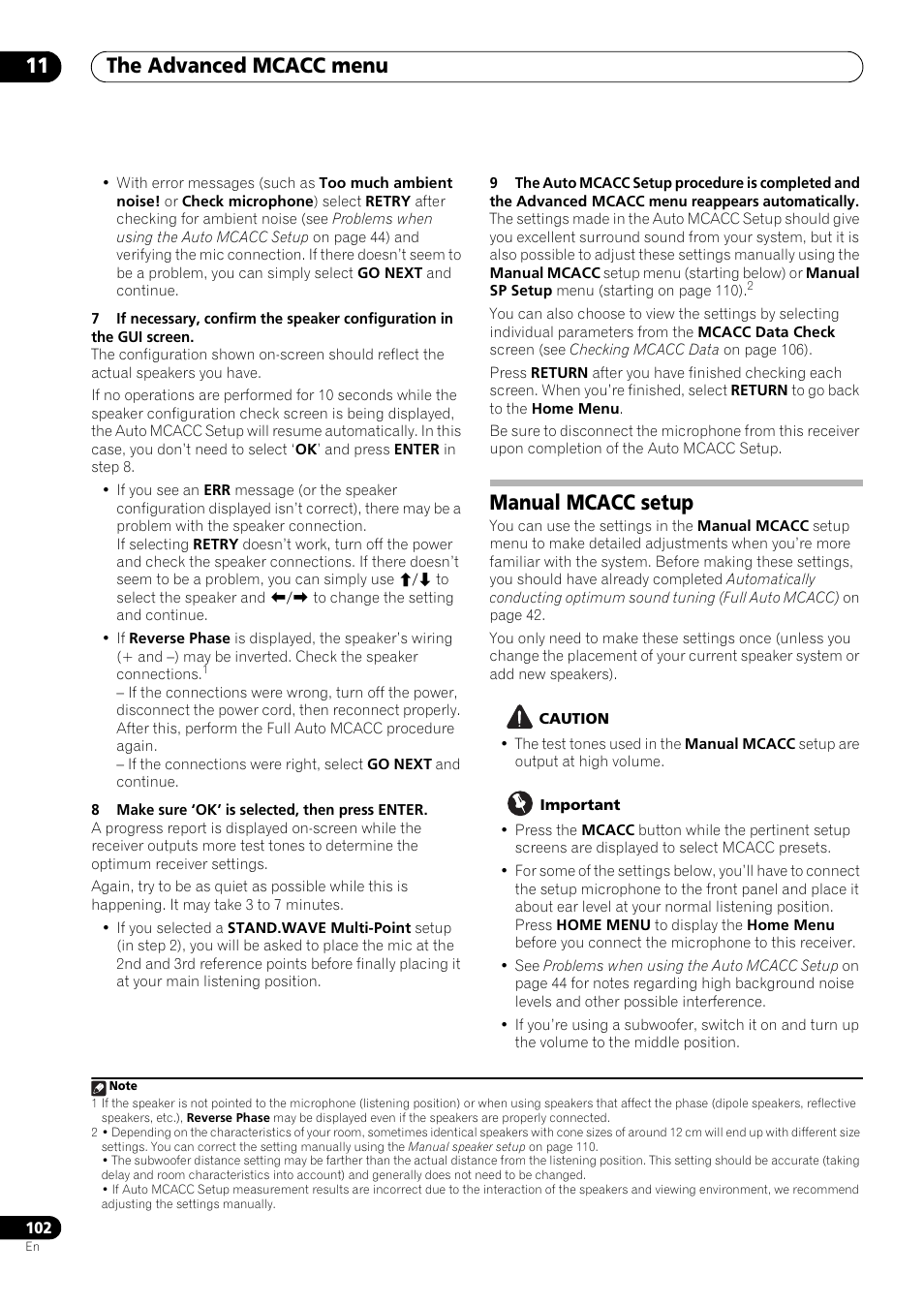 Manual mcacc setup, The advanced mcacc menu 11 | Pioneer SC-LX73 User Manual | Page 102 / 146