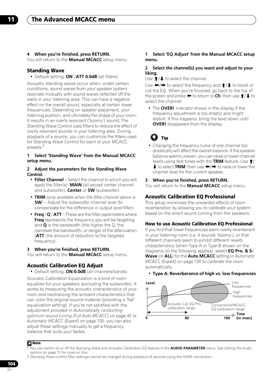 Standing wave, Acoustic calibration eq adjust, Acoustic calibration eq professional | The advanced mcacc menu 11 | Pioneer SC-LX73 User Manual | Page 104 / 146