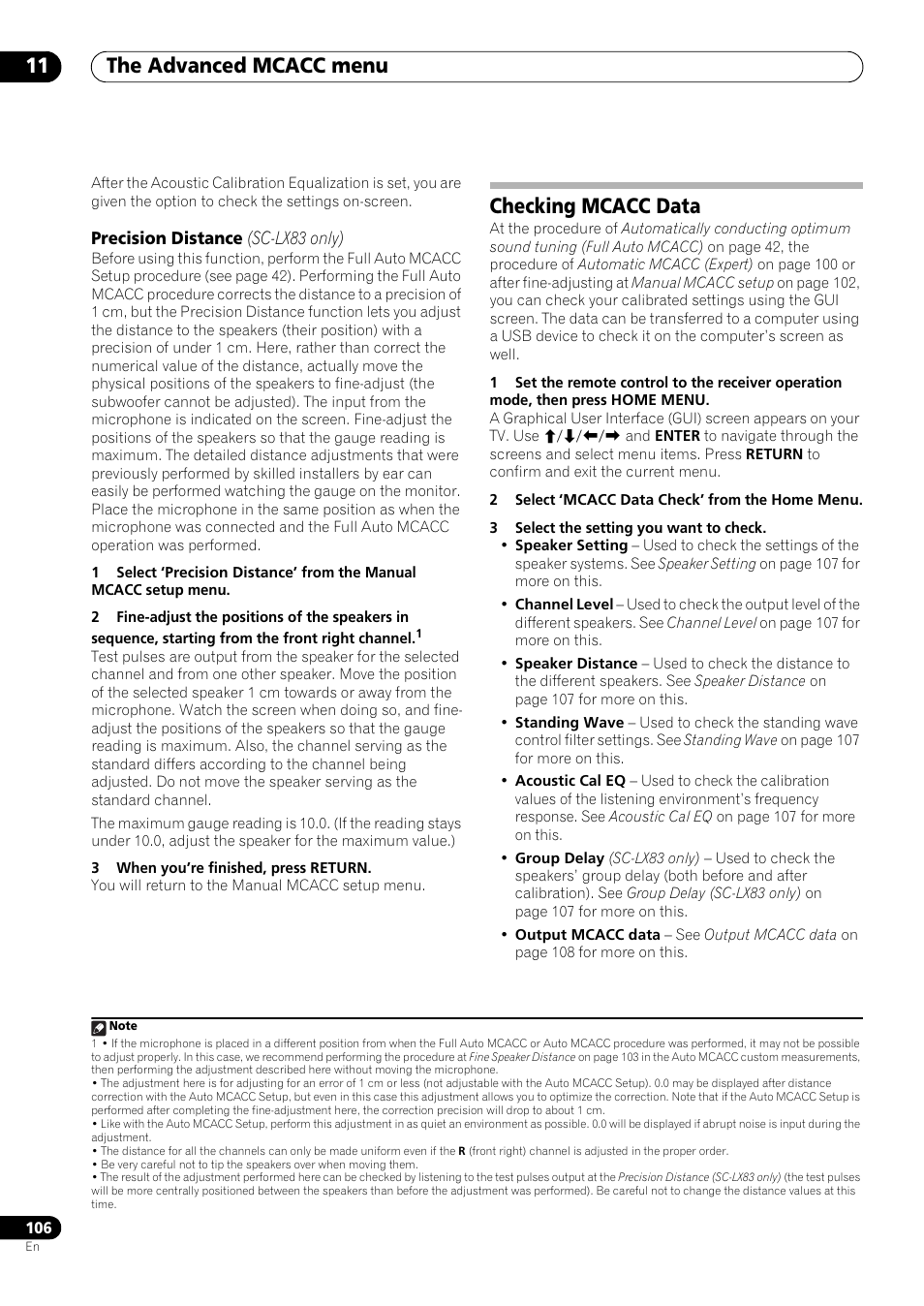 Precision distance (sc-lx83 only), Checking mcacc data, The advanced mcacc menu 11 | Pioneer SC-LX73 User Manual | Page 106 / 146