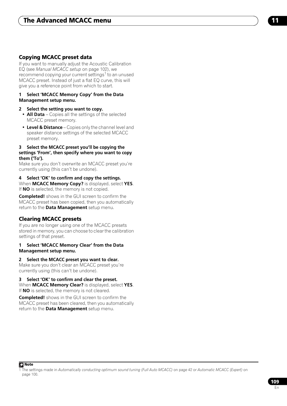 Copying mcacc preset data, Clearing mcacc presets, The advanced mcacc menu 11 | Pioneer SC-LX73 User Manual | Page 109 / 146