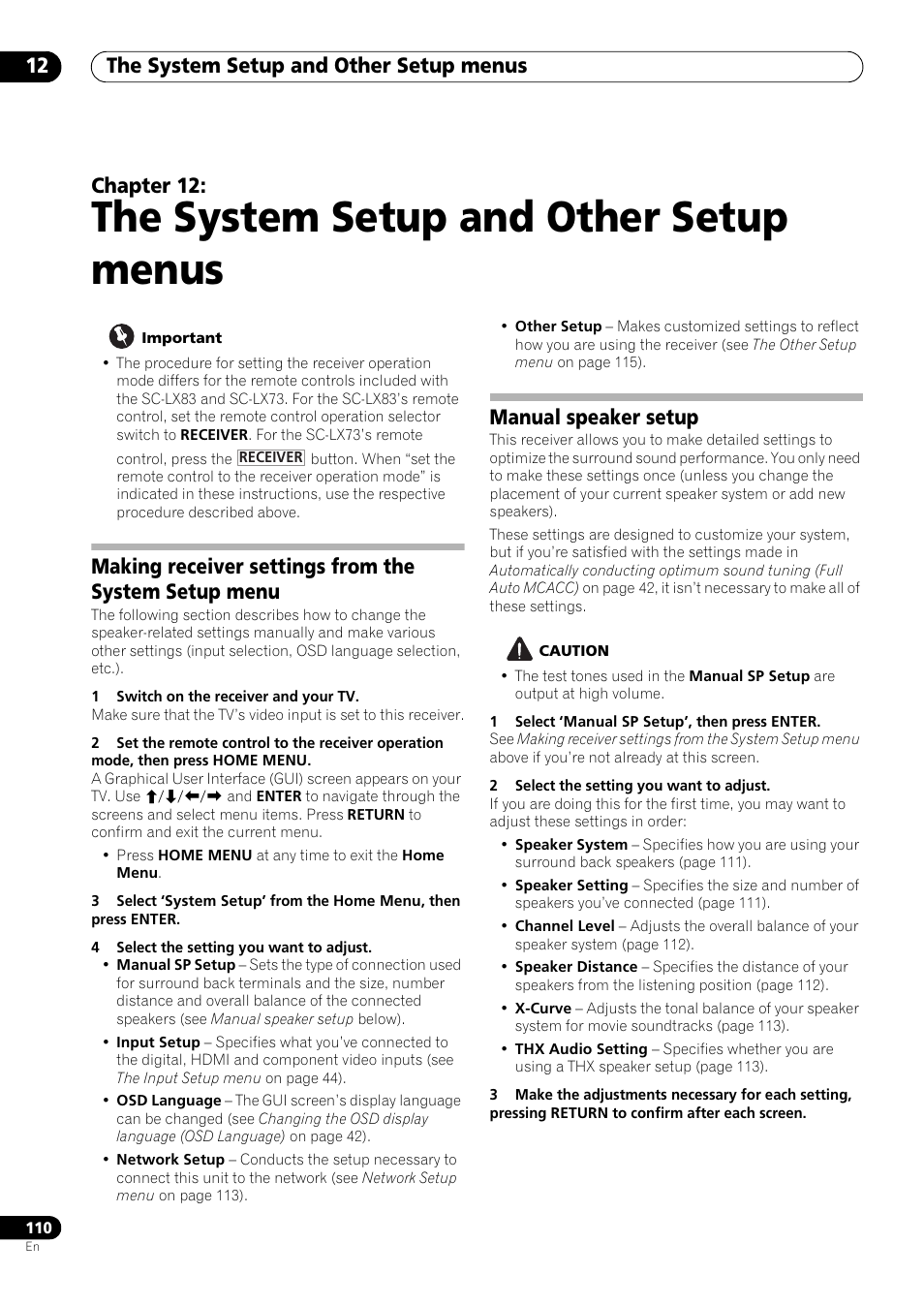 The system setup and other setup menus, Manual speaker setup, 12 the system setup and other setup menus | The system setup and other setup menus 12, Chapter 12 | Pioneer SC-LX73 User Manual | Page 110 / 146