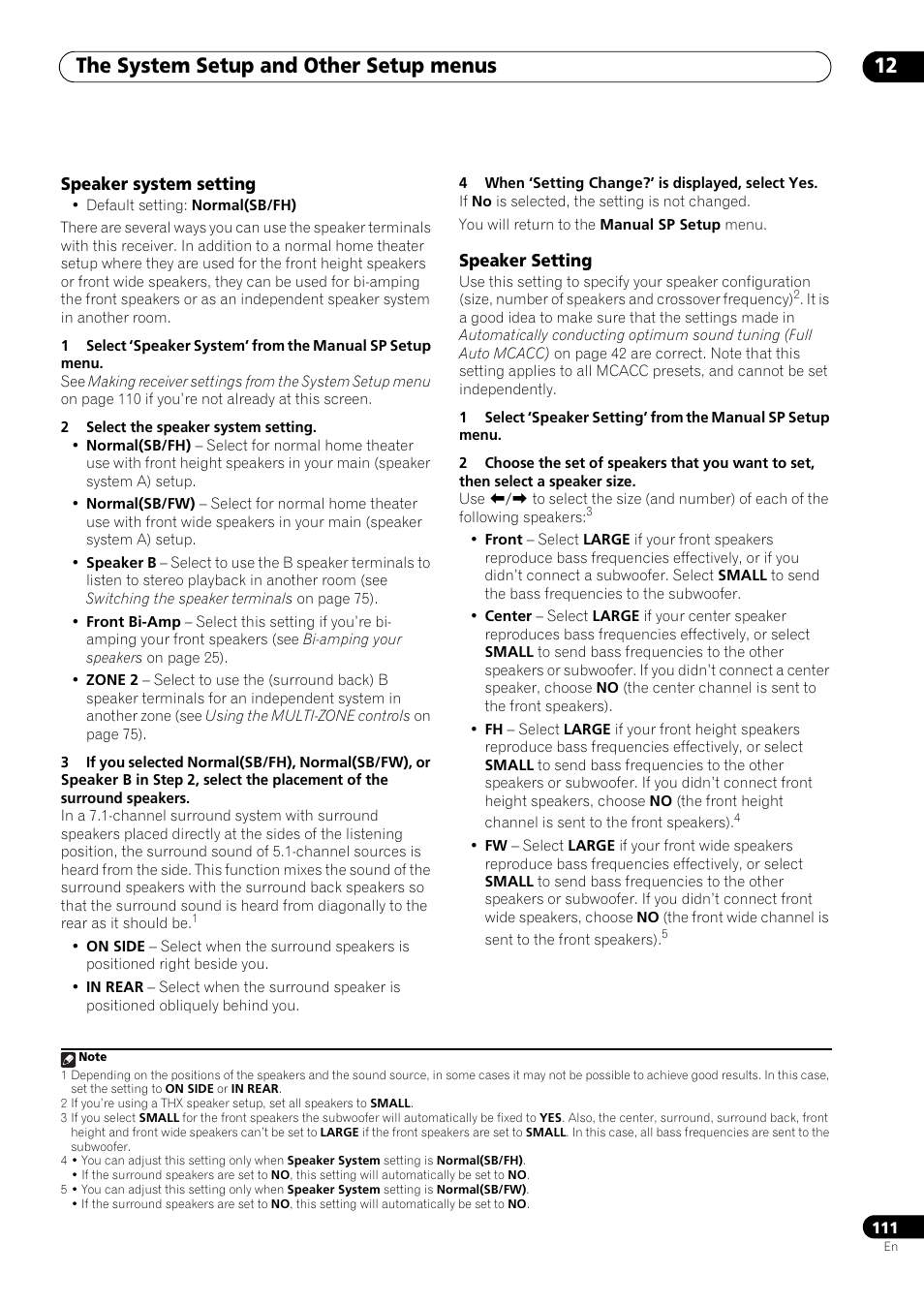 Speaker system setting, Speaker setting, The system setup and other setup menus 12 | Pioneer SC-LX73 User Manual | Page 111 / 146