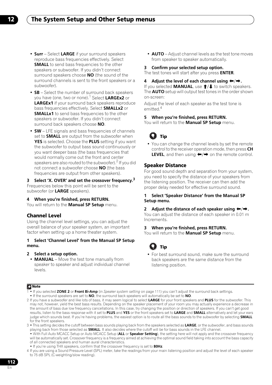 Channel level, Speaker distance, The system setup and other setup menus 12 | Pioneer SC-LX73 User Manual | Page 112 / 146