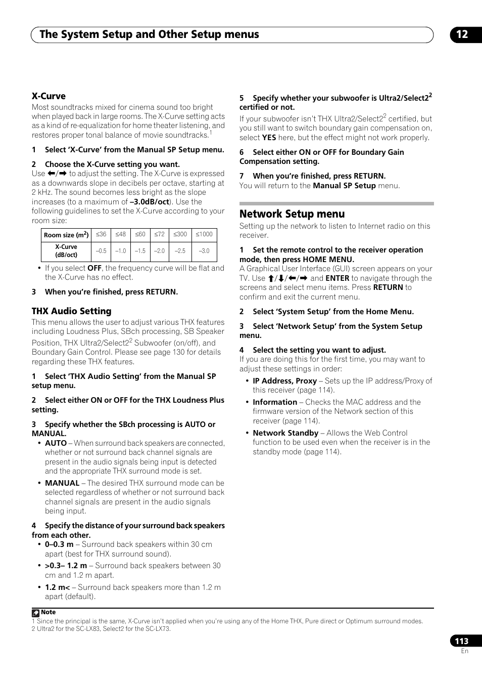 X-curve, Thx audio setting, Network setup menu | The system setup and other setup menus 12 | Pioneer SC-LX73 User Manual | Page 113 / 146