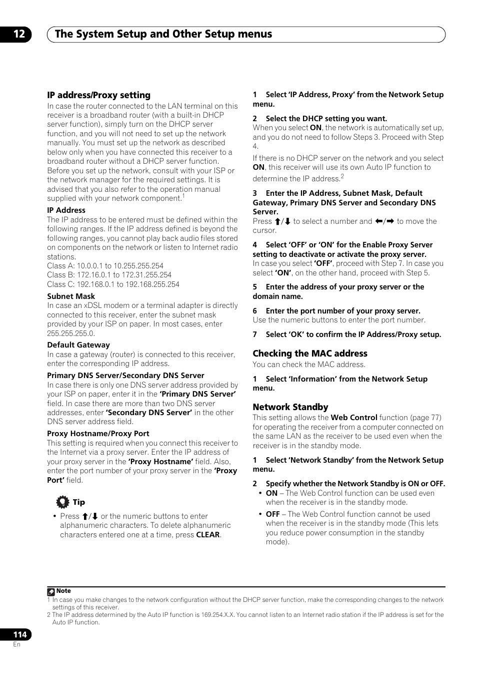 Ip address/proxy setting, Checking the mac address, Network standby | The system setup and other setup menus 12 | Pioneer SC-LX73 User Manual | Page 114 / 146
