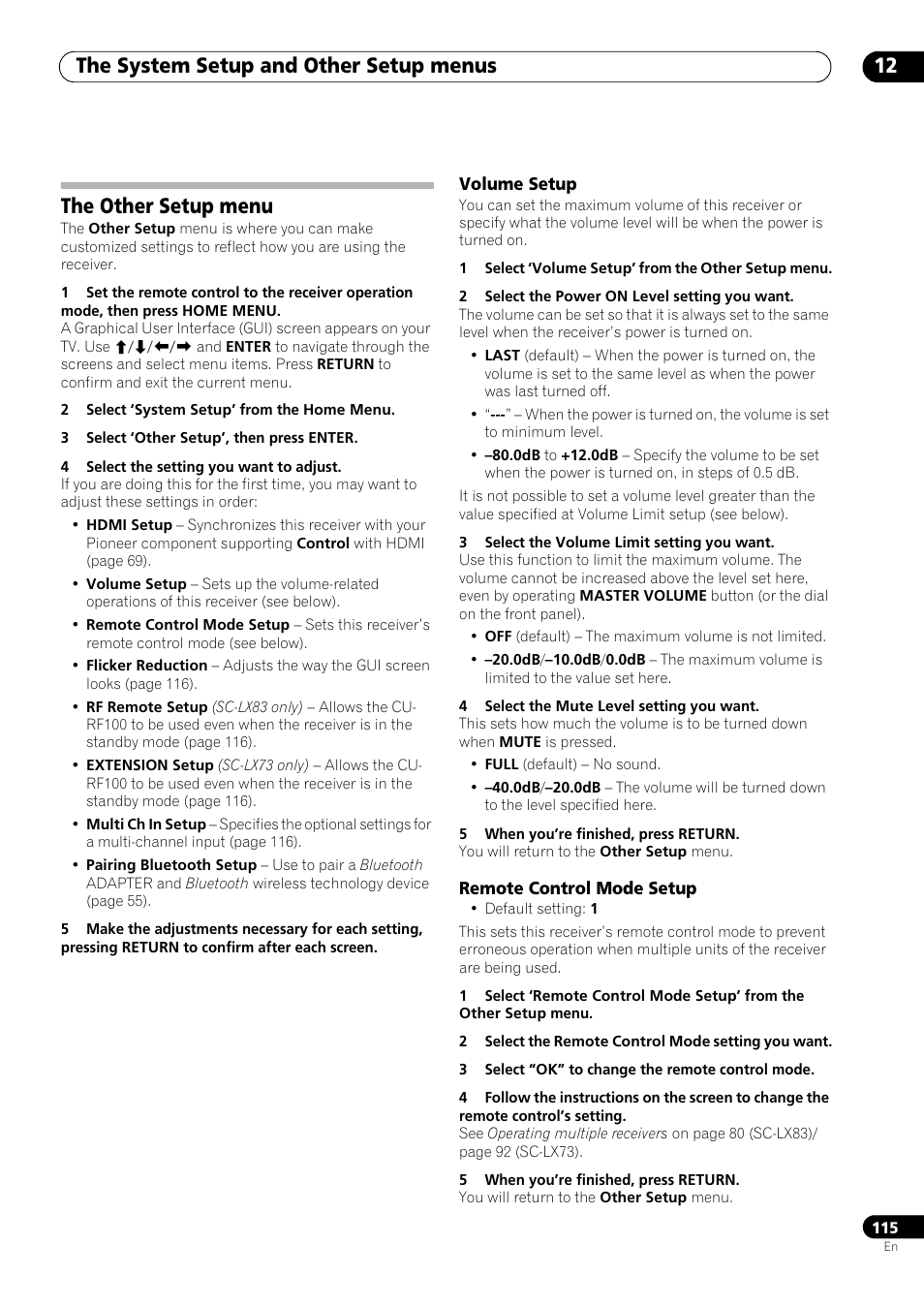 The other setup menu, Volume setup, Remote control mode setup | The system setup and other setup menus 12 | Pioneer SC-LX73 User Manual | Page 115 / 146