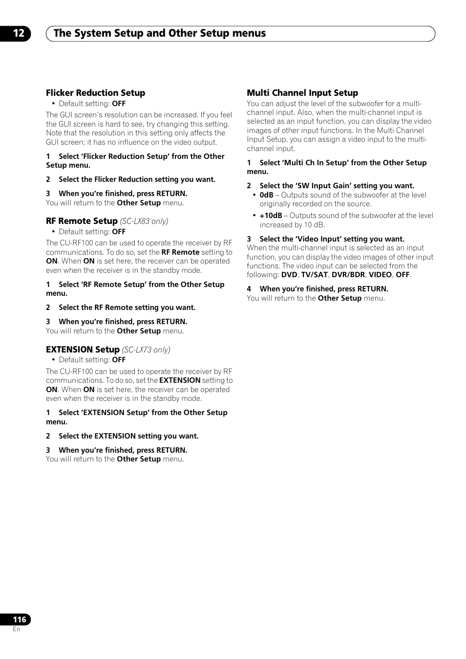 Flicker reduction setup, Rf remote setup (sc-lx83 only), Extension setup (sc-lx73 only) | Multi channel input setup, The system setup and other setup menus 12 | Pioneer SC-LX73 User Manual | Page 116 / 146