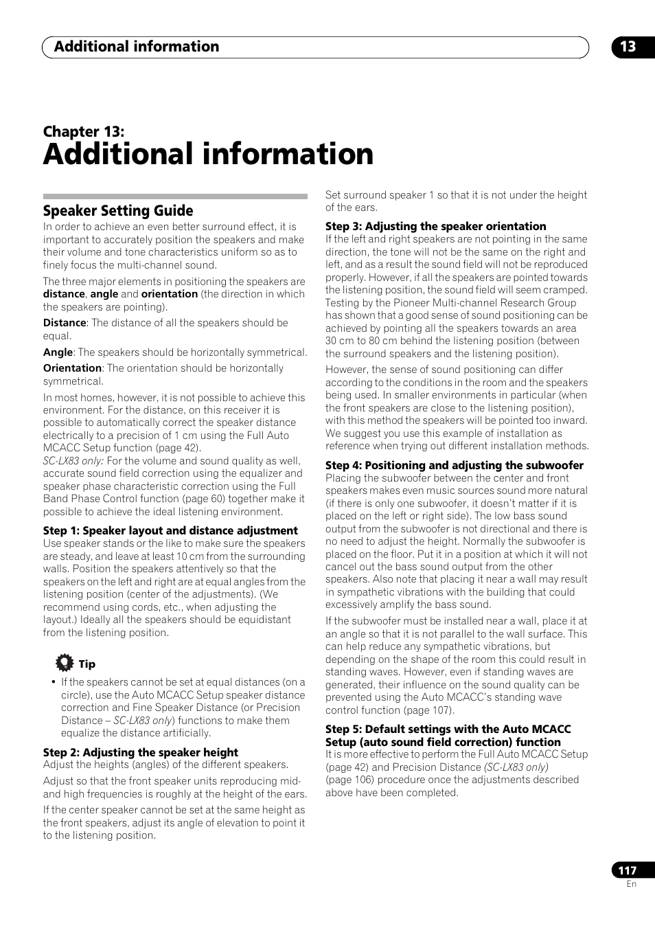 Additional information, Speaker setting guide, 13 additional information | Additional information 13, Chapter 13 | Pioneer SC-LX73 User Manual | Page 117 / 146