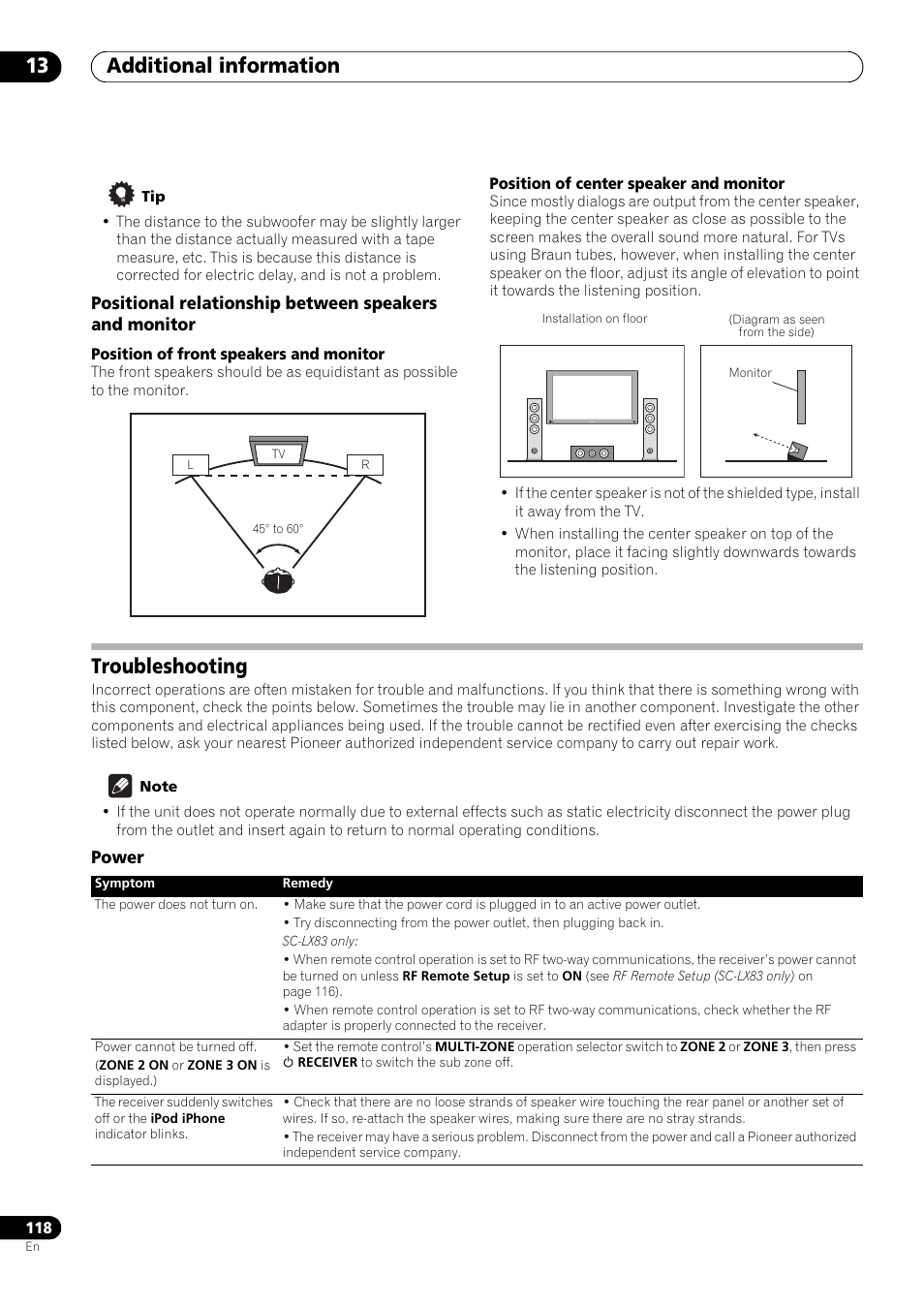 Troubleshooting, Power, Additional information 13 | Pioneer SC-LX73 User Manual | Page 118 / 146