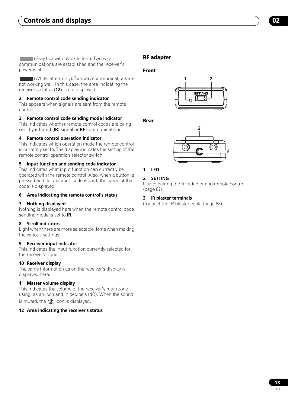 Rf adapter, Controls and displays 02 | Pioneer SC-LX73 User Manual | Page 13 / 146