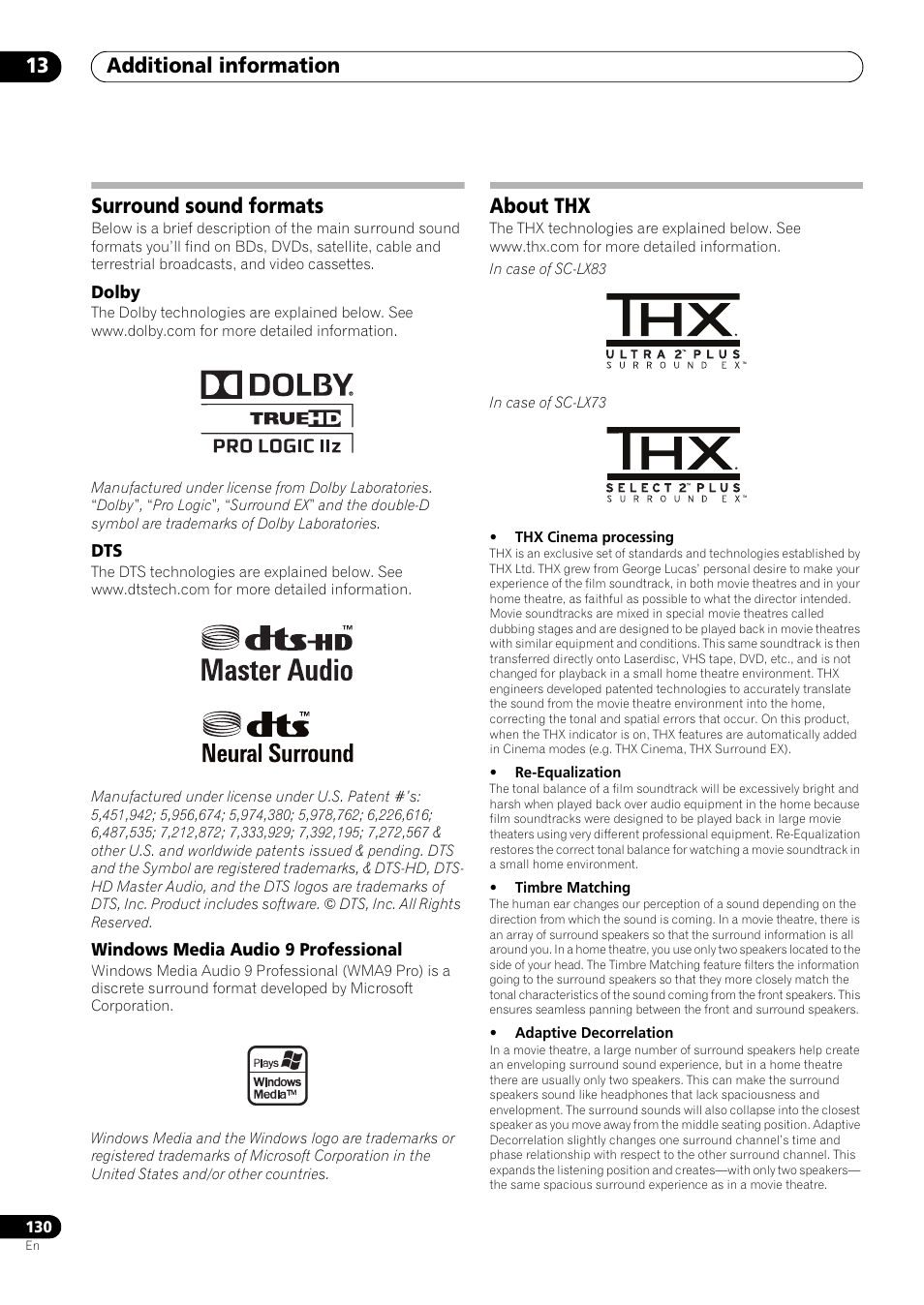 Surround sound formats, Dolby, Windows media audio 9 professional | About thx, Additional information 13 | Pioneer SC-LX73 User Manual | Page 130 / 146