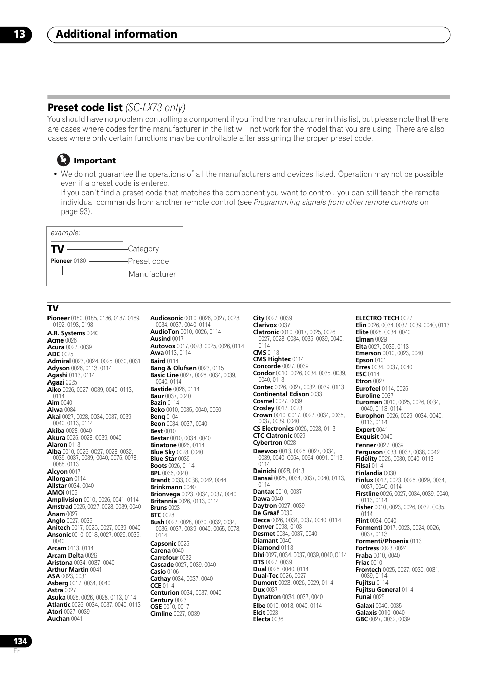 Preset code list (sc-lx73 only), Additional information 13 | Pioneer SC-LX73 User Manual | Page 134 / 146