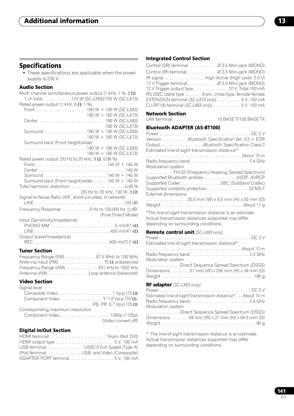 Specifications, Additional information 13 | Pioneer SC-LX73 User Manual | Page 141 / 146