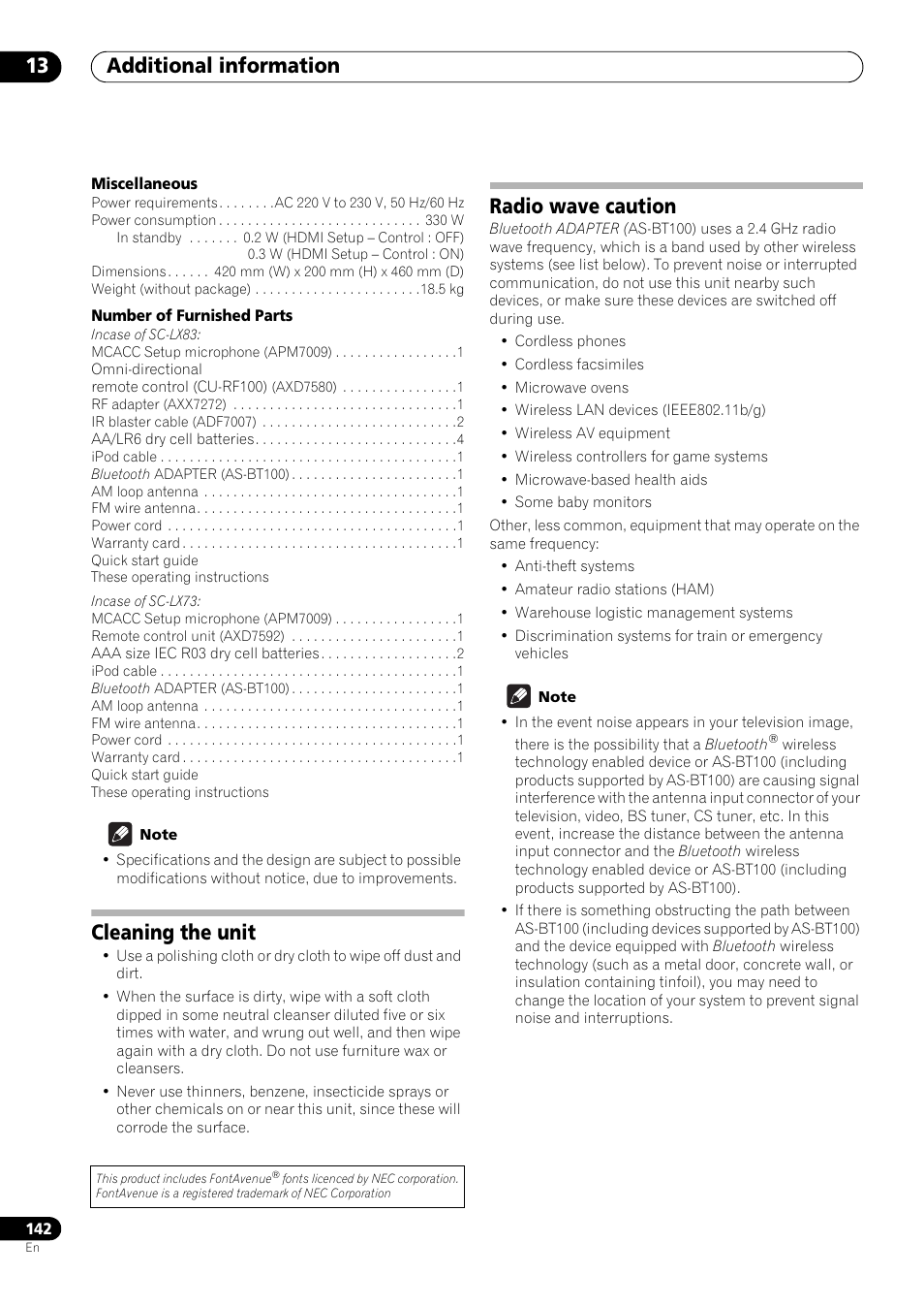 Cleaning the unit, Radio wave caution, Additional information 13 | Pioneer SC-LX73 User Manual | Page 142 / 146