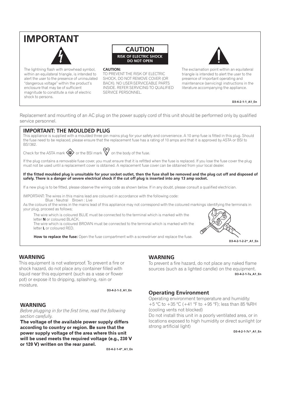 Important, Caution, Important: the moulded plug | Warning, Operating environment | Pioneer SC-LX73 User Manual | Page 2 / 146