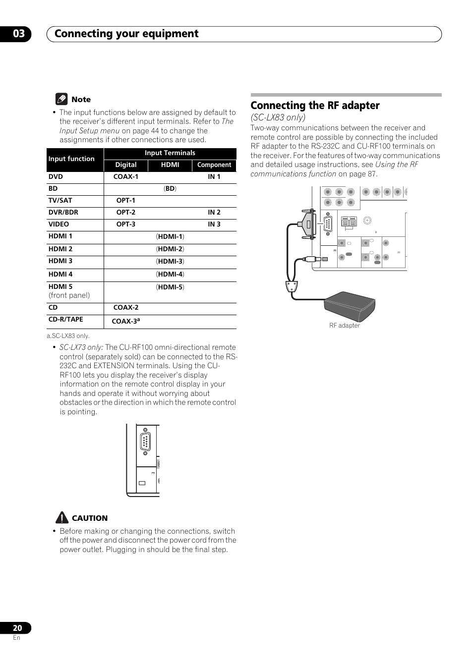 Connecting the rf adapter (sc-lx83 only), Connecting your equipment 03, Connecting the rf adapter | Sc-lx83 only), Front panel) | Pioneer SC-LX73 User Manual | Page 20 / 146