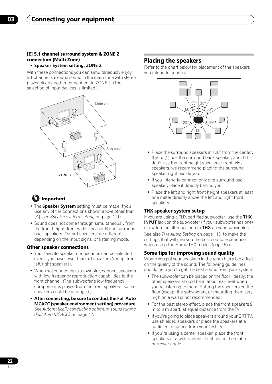 Other speaker connections, Placing the speakers, Thx speaker system setup | Some tips for improving sound quality, Connecting your equipment 03 | Pioneer SC-LX73 User Manual | Page 22 / 146