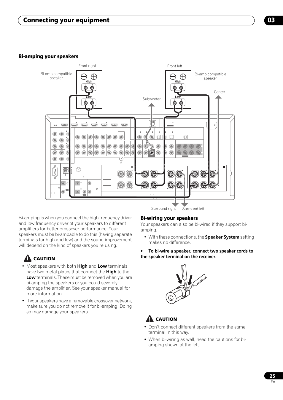 Bi-amping your speakers, Bi-wiring your speakers, Connecting your equipment 03 | High low high low | Pioneer SC-LX73 User Manual | Page 25 / 146