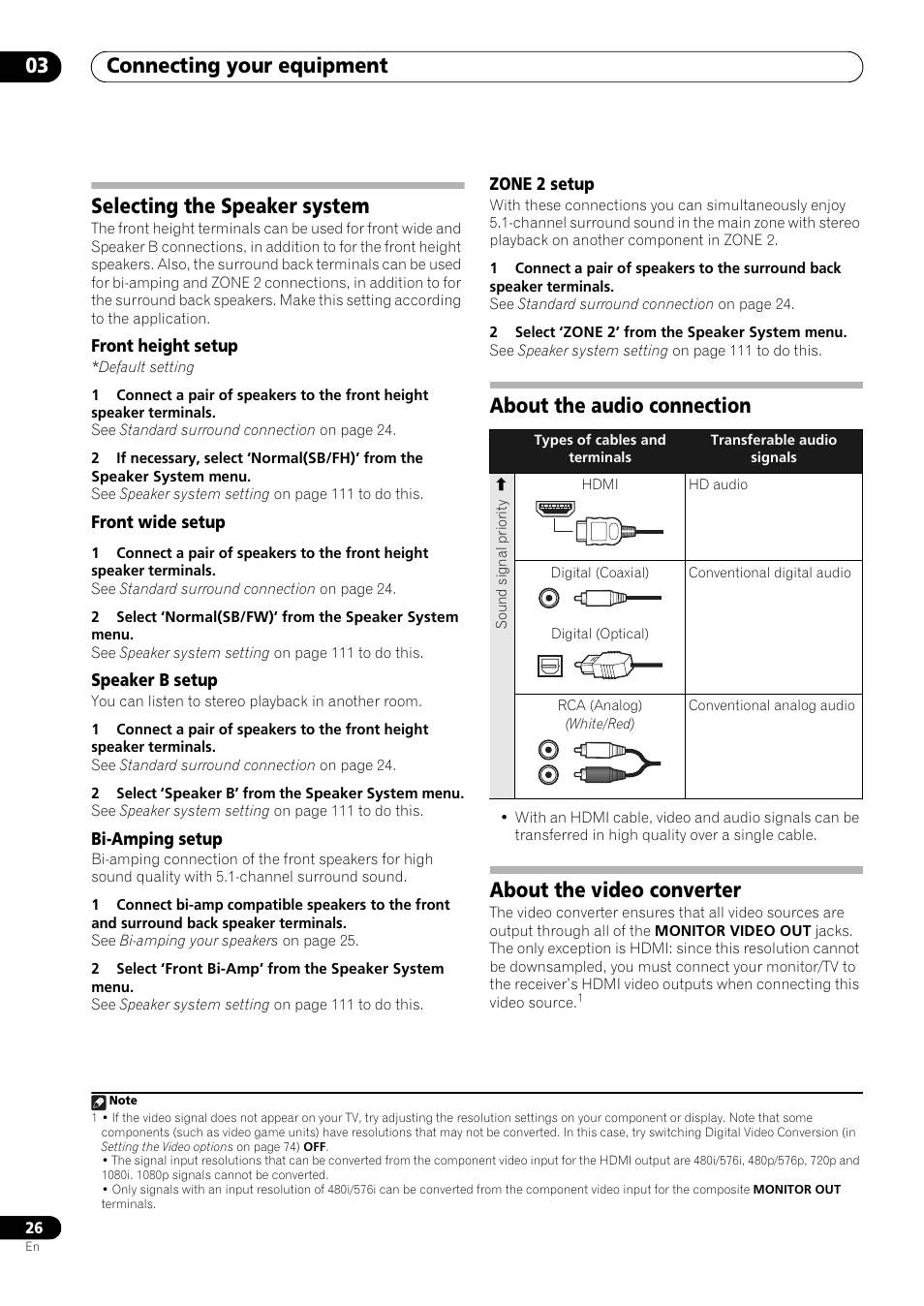 Selecting the speaker system, Front height setup, Front wide setup | Speaker b setup, Bi-amping setup, Zone 2 setup, About the audio connection, About the video converter, Connecting your equipment 03 | Pioneer SC-LX73 User Manual | Page 26 / 146