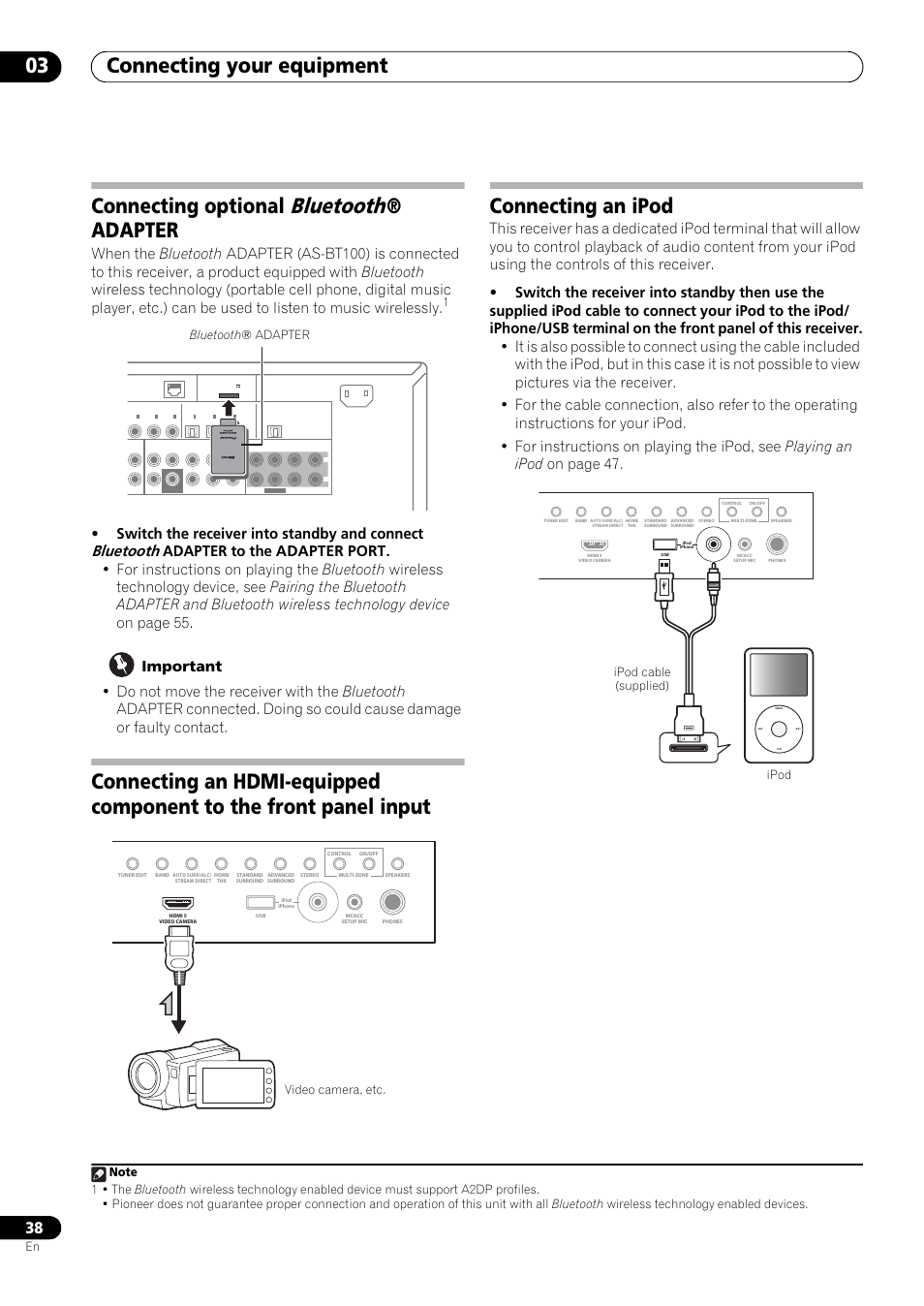 Connecting optional bluetooth® adapter, Connecting an ipod, Bluetooth | Connecting your equipment 03, Connecting optional, Adapter, Switch the receiver into standby and connect, Bluetooth ® adapter, Video camera, etc, Ipod ipod cable (supplied) | Pioneer SC-LX73 User Manual | Page 38 / 146