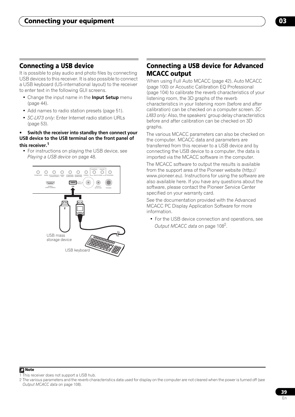 Connecting a usb device, Connecting a usb device for advanced mcacc output, Connecting your equipment 03 | Pioneer SC-LX73 User Manual | Page 39 / 146