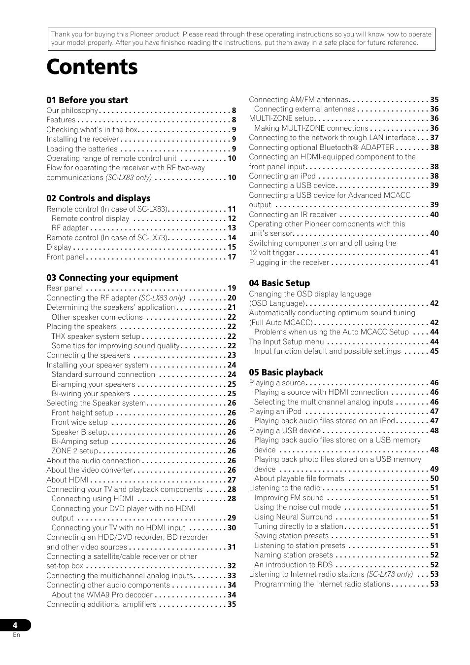 Pioneer SC-LX73 User Manual | Page 4 / 146
