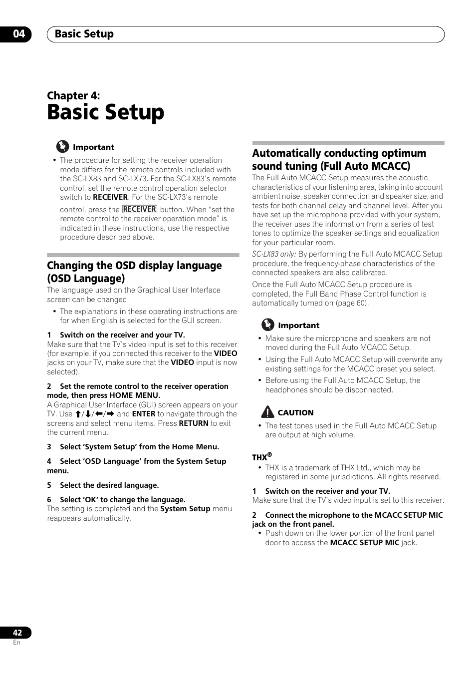 Basic setup, Changing the osd display language (osd language), 04 basic setup | Basic setup 04, Chapter 4 | Pioneer SC-LX73 User Manual | Page 42 / 146