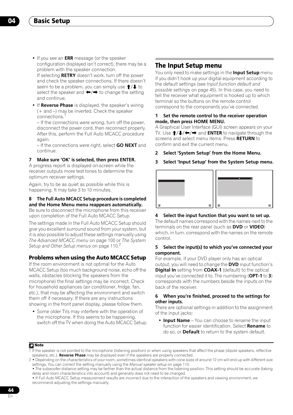 Problems when using the auto mcacc setup, The input setup menu, Basic setup 04 | Pioneer SC-LX73 User Manual | Page 44 / 146