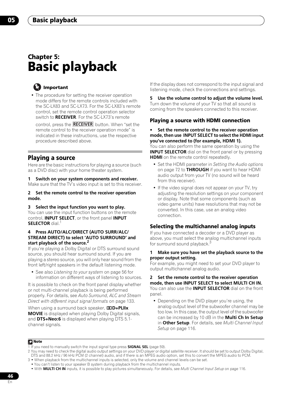 Basic playback, Playing a source, Playing a source with hdmi connection | Selecting the multichannel analog inputs, 05 basic playback, Basic playback 05, Chapter 5 | Pioneer SC-LX73 User Manual | Page 46 / 146