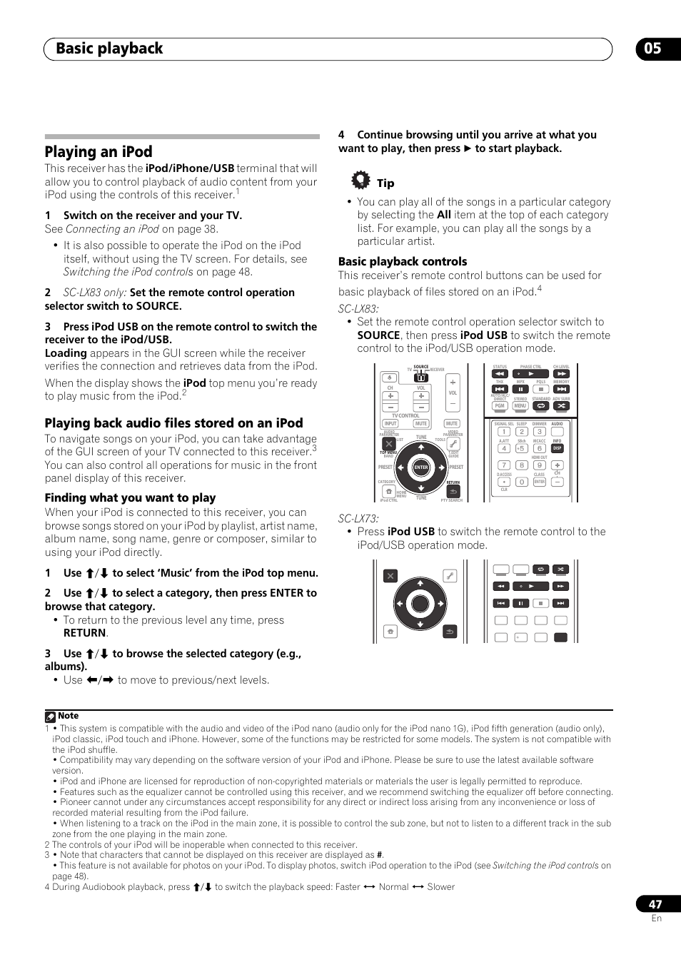 Playing an ipod, Playing back audio files stored on an ipod, Basic playback 05 | Finding what you want to play, Basic playback controls | Pioneer SC-LX73 User Manual | Page 47 / 146