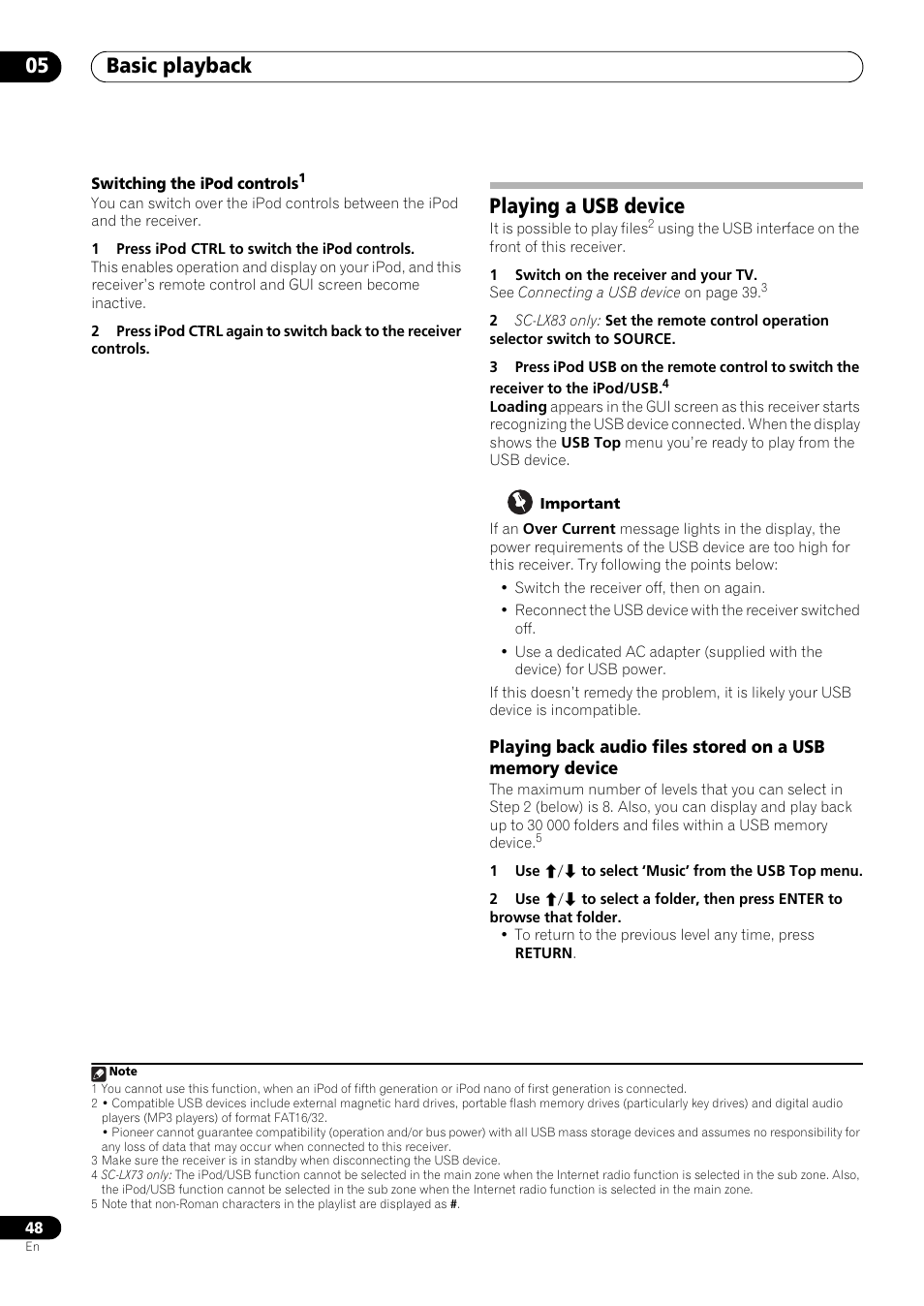 Playing a usb device, Basic playback 05 | Pioneer SC-LX73 User Manual | Page 48 / 146