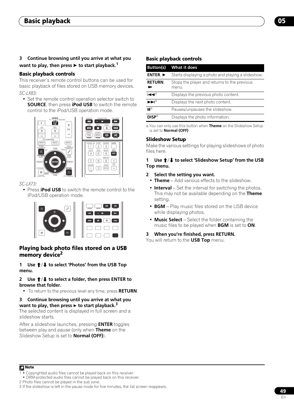 Basic playback 05, Basic playback controls, Basic playback controls slideshow setup | Return | Pioneer SC-LX73 User Manual | Page 49 / 146