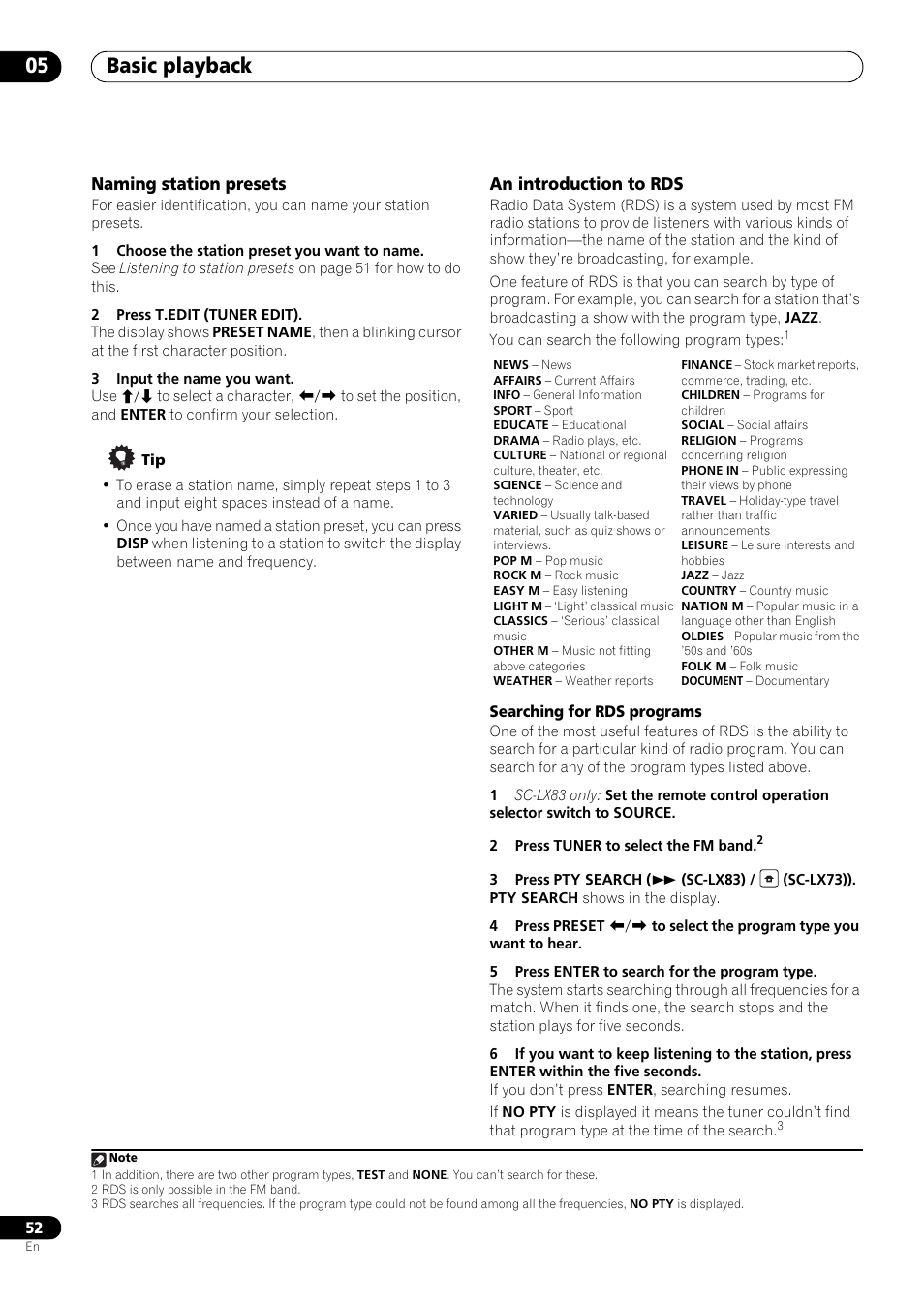 Naming station presets, An introduction to rds, Basic playback 05 | Pioneer SC-LX73 User Manual | Page 52 / 146