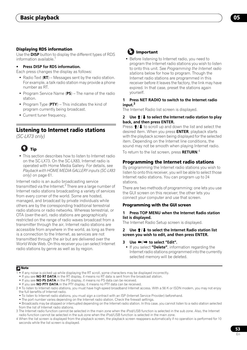 Programming the internet radio stations, Basic playback 05, Listening to internet radio stations | Pioneer SC-LX73 User Manual | Page 53 / 146