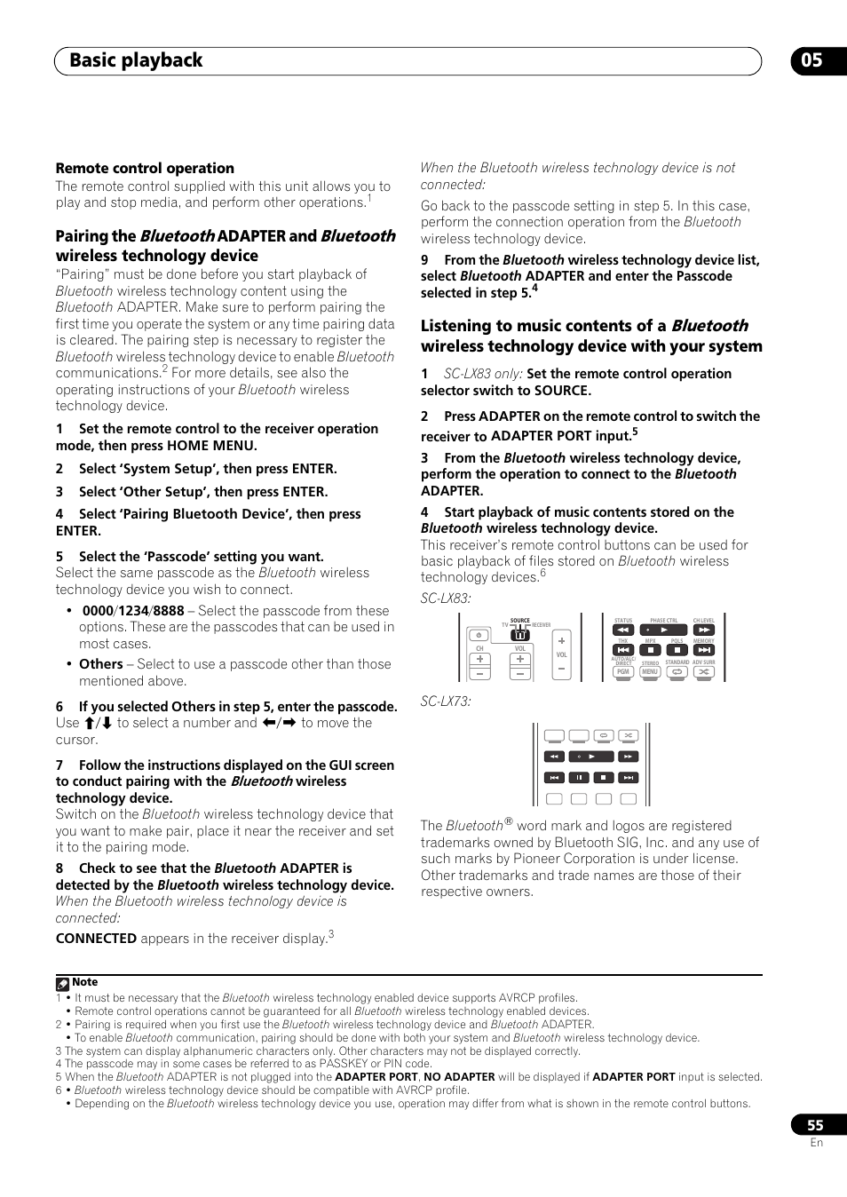 Basic playback 05, Bluetooth, Pairing the | Adapter and, Wireless technology device, Listening to music contents of a, Wireless technology device with your system | Pioneer SC-LX73 User Manual | Page 55 / 146