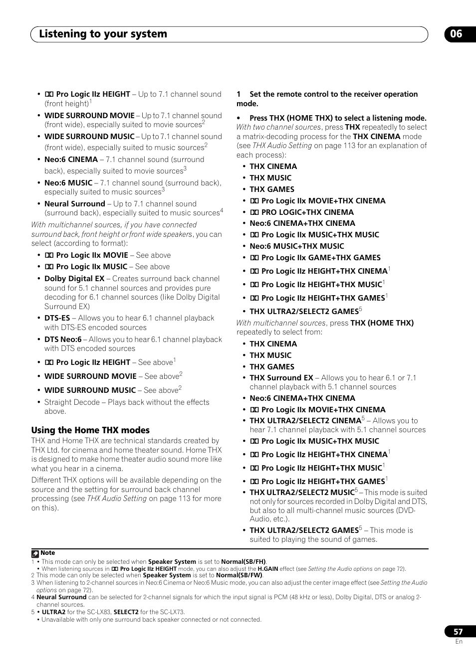 Using the home thx modes, Listening to your system 06 | Pioneer SC-LX73 User Manual | Page 57 / 146