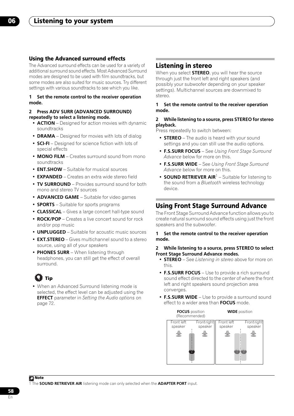 Using the advanced surround effects, Listening in stereo, Using front stage surround advance | Listening to your system 06 | Pioneer SC-LX73 User Manual | Page 58 / 146