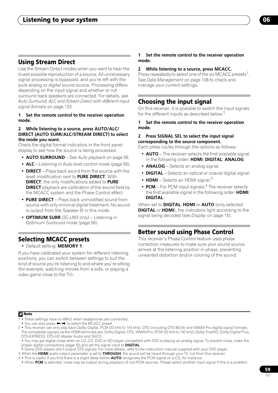 Using stream direct, Selecting mcacc presets, Choosing the input signal | Better sound using phase control, Listening to your system 06 | Pioneer SC-LX73 User Manual | Page 59 / 146