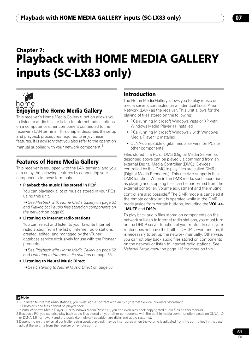 Enjoying the home media gallery, Features of home media gallery, Introduction | Chapter 7 | Pioneer SC-LX73 User Manual | Page 61 / 146