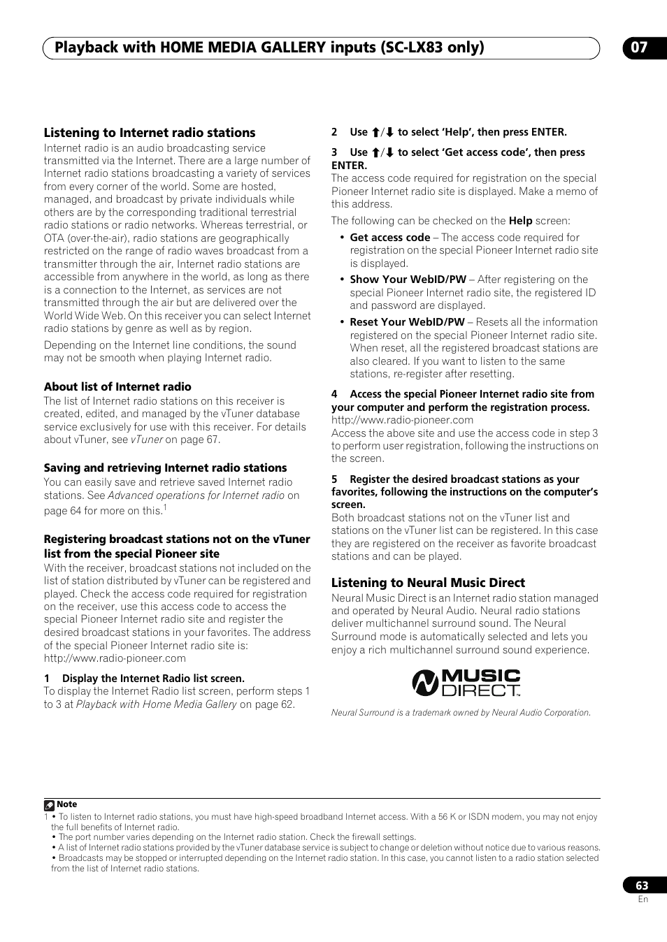 Listening to internet radio stations, Listening to neural music direct | Pioneer SC-LX73 User Manual | Page 63 / 146