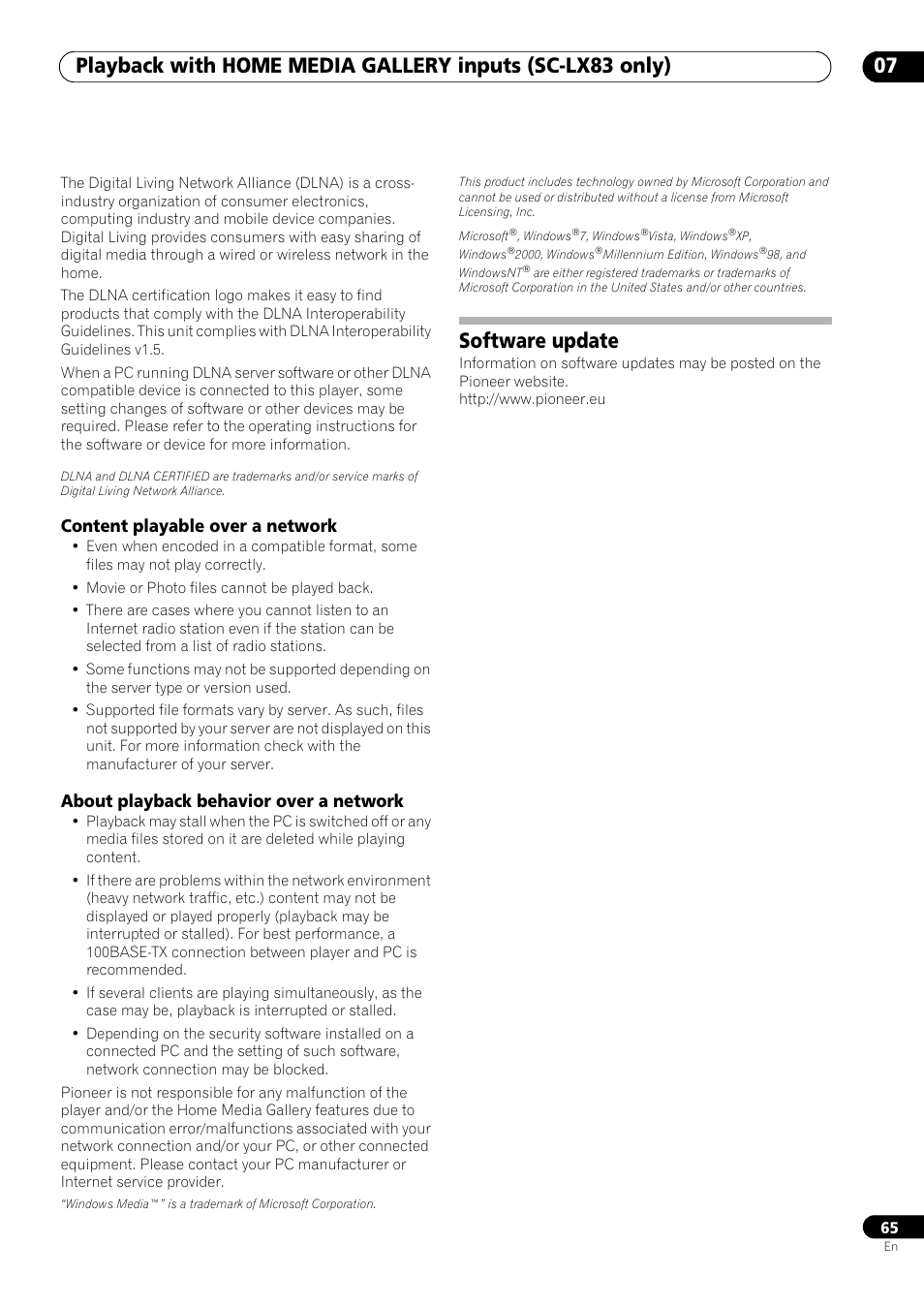 Content playable over a network, About playback behavior over a network, Software update | Pioneer SC-LX73 User Manual | Page 65 / 146