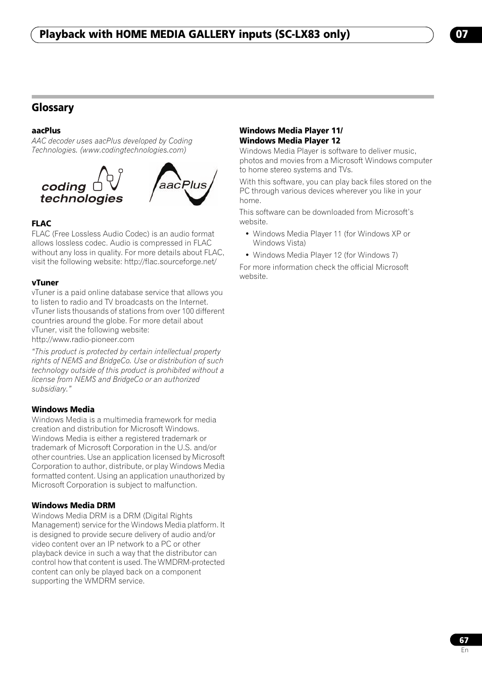Glossary | Pioneer SC-LX73 User Manual | Page 67 / 146