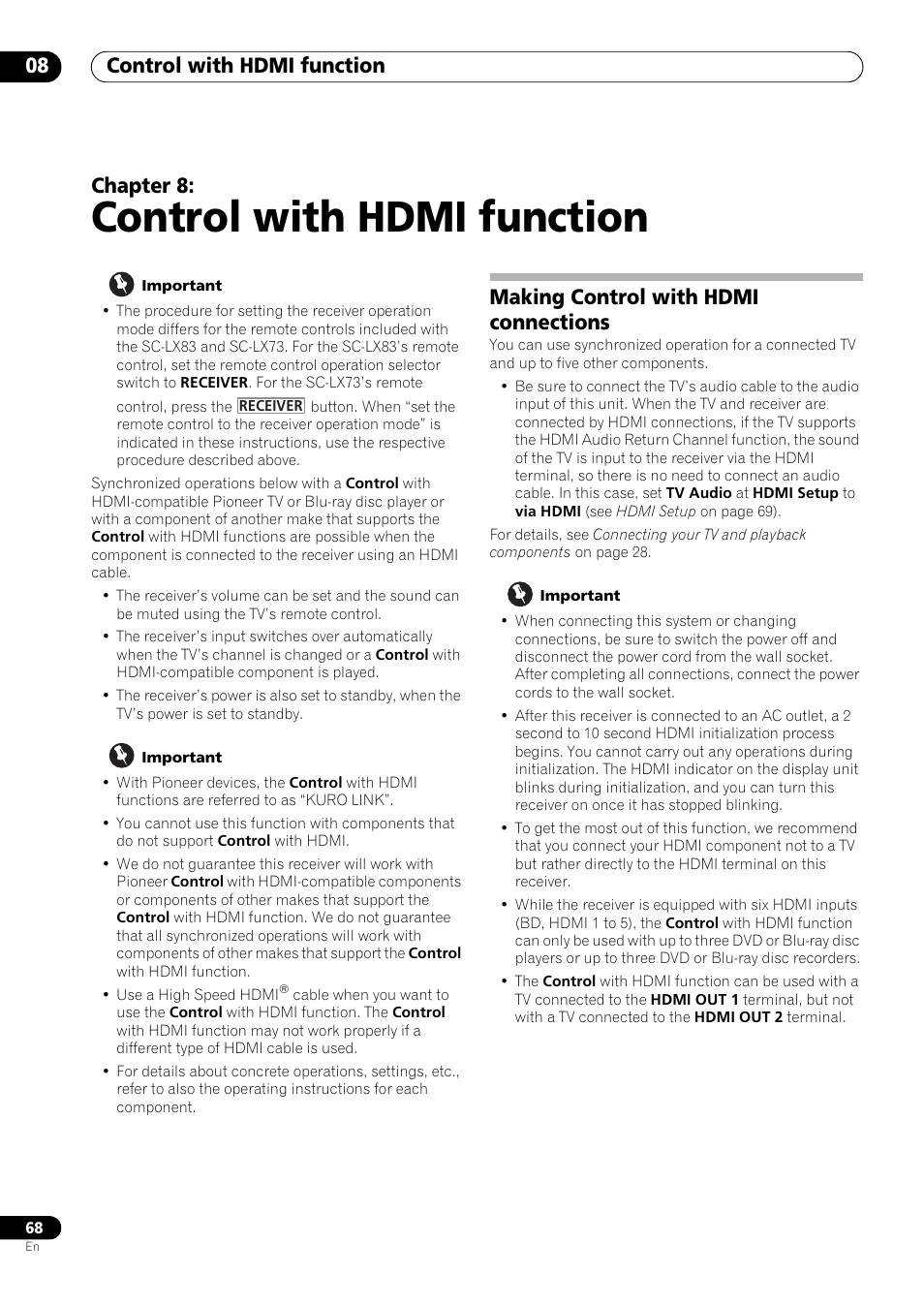 Control with hdmi function, Making control with hdmi connections, 08 control with hdmi function | Control with hdmi function 08, Chapter 8 | Pioneer SC-LX73 User Manual | Page 68 / 146