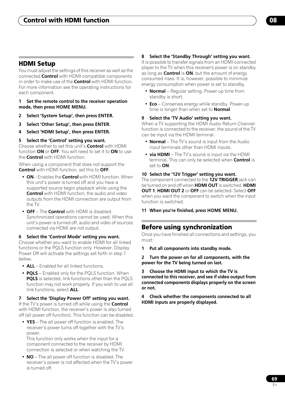 Hdmi setup, Before using synchronization, Control with hdmi function 08 | Pioneer SC-LX73 User Manual | Page 69 / 146
