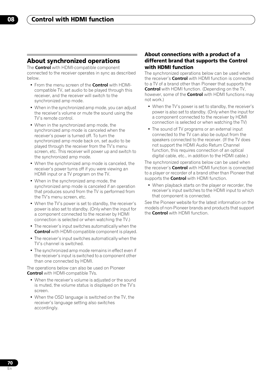 About synchronized operations, Control with hdmi function 08 | Pioneer SC-LX73 User Manual | Page 70 / 146