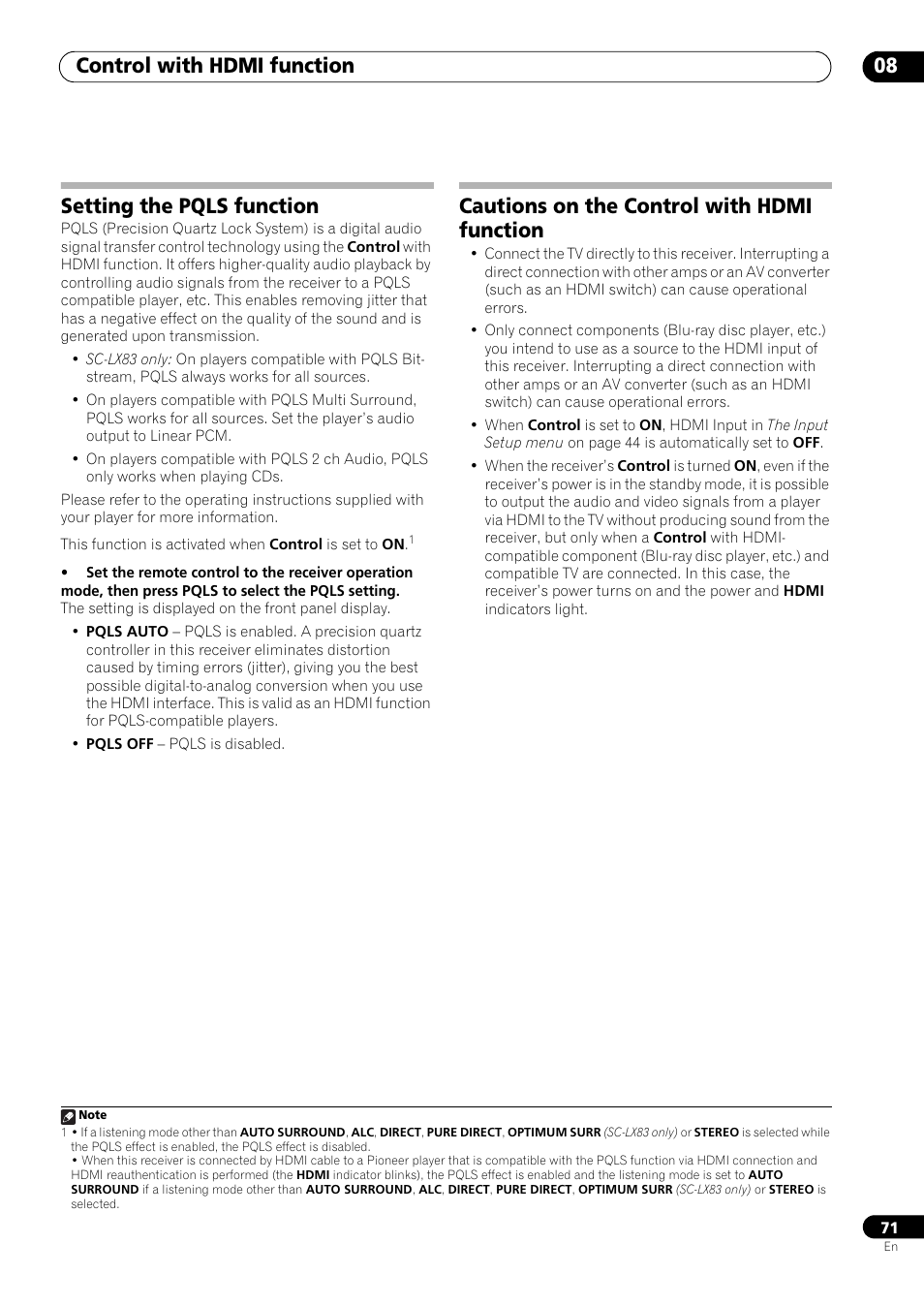 Setting the pqls function, Cautions on the control with hdmi function, Control with hdmi function 08 | Pioneer SC-LX73 User Manual | Page 71 / 146