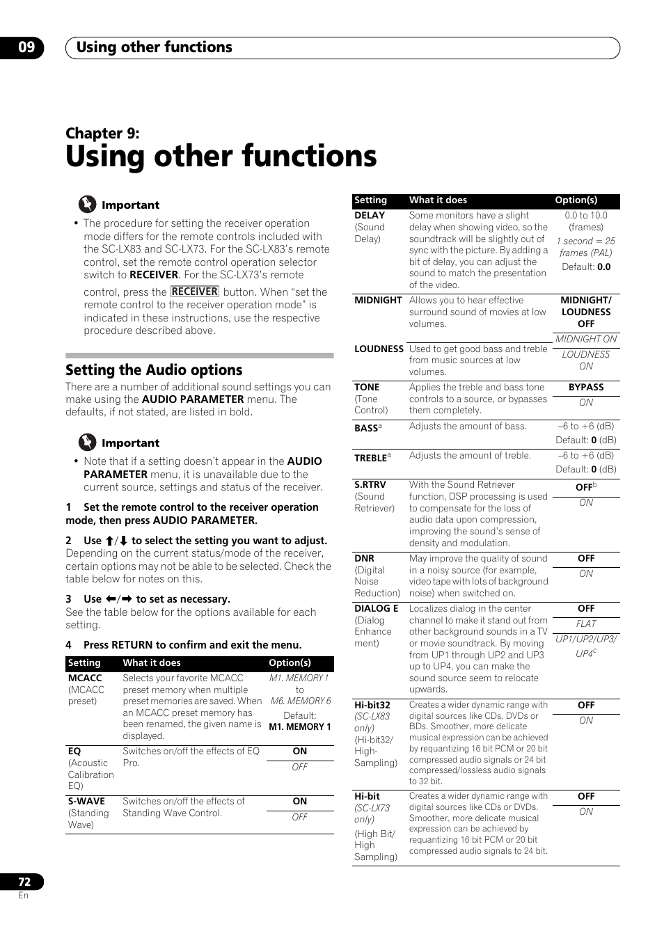 Using other functions, Setting the audio options, 09 using other functions | Using other functions 09, Chapter 9 | Pioneer SC-LX73 User Manual | Page 72 / 146