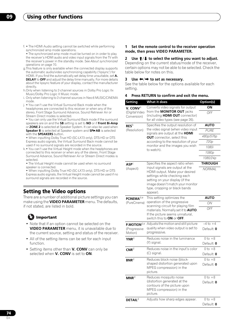 Setting the video options, Using other functions 09 | Pioneer SC-LX73 User Manual | Page 74 / 146