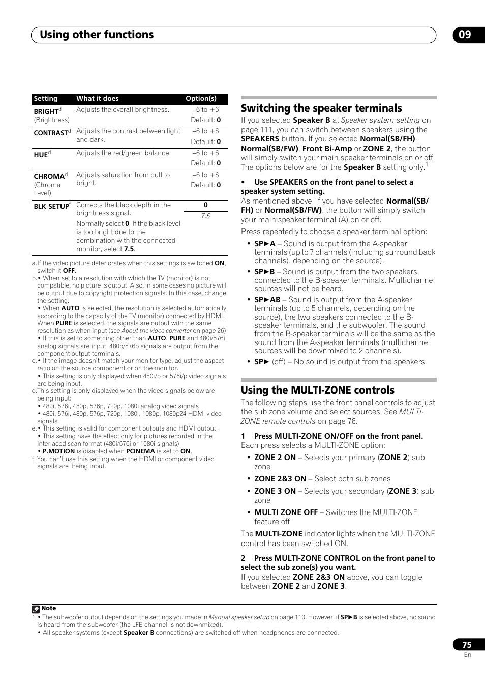 Switching the speaker terminals, Using the multi-zone controls, Using other functions 09 | Pioneer SC-LX73 User Manual | Page 75 / 146